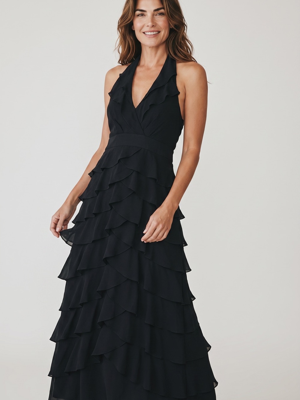 Tadashi Shoji Black Halter Ruffle-Tier Maxi Dress -100% silk